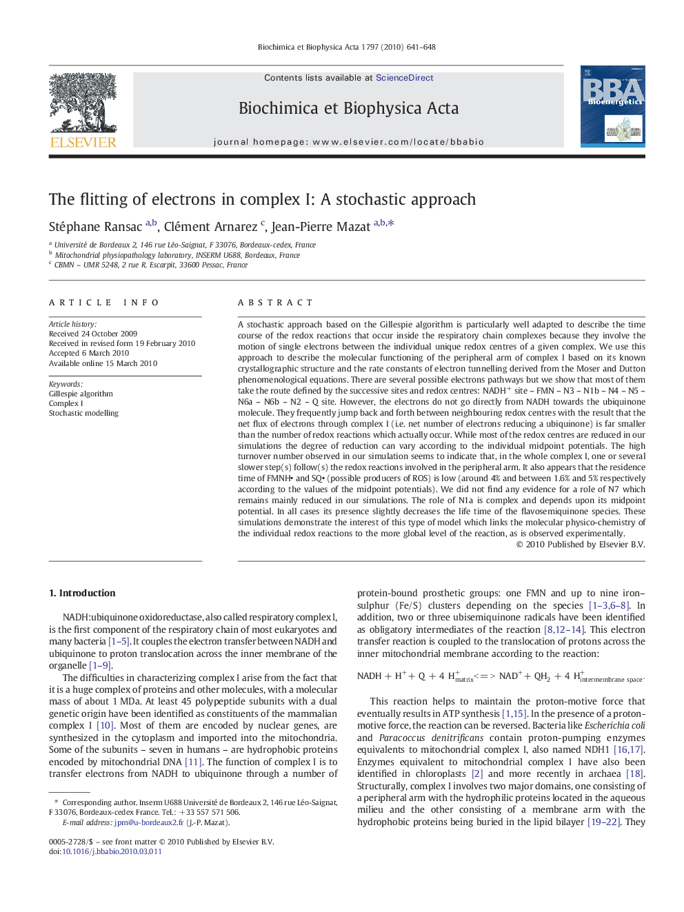 The flitting of electrons in complex I: A stochastic approach