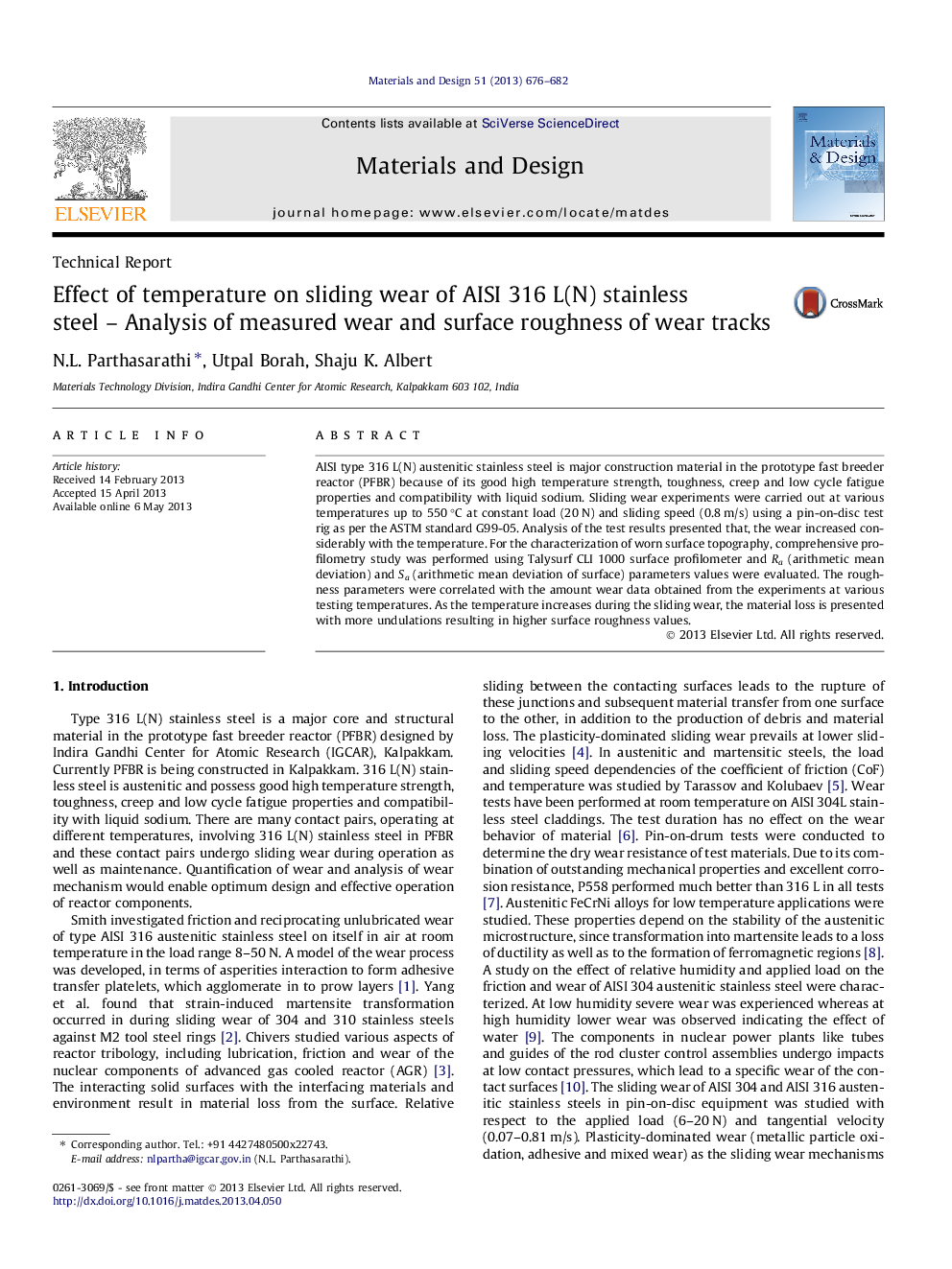 Effect of temperature on sliding wear of AISI 316 L(N) stainless steel – Analysis of measured wear and surface roughness of wear tracks