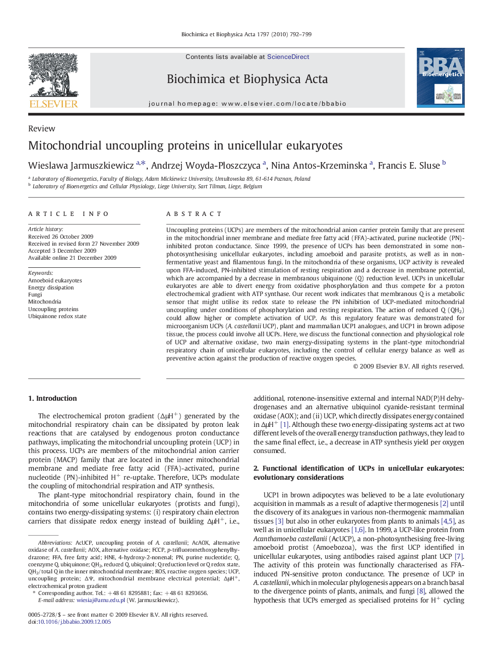 Mitochondrial uncoupling proteins in unicellular eukaryotes