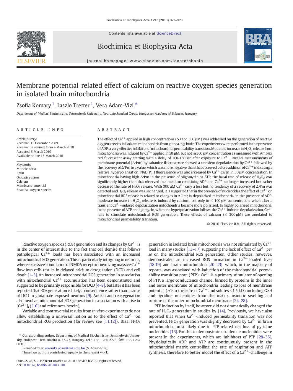 Membrane potential-related effect of calcium on reactive oxygen species generation in isolated brain mitochondria