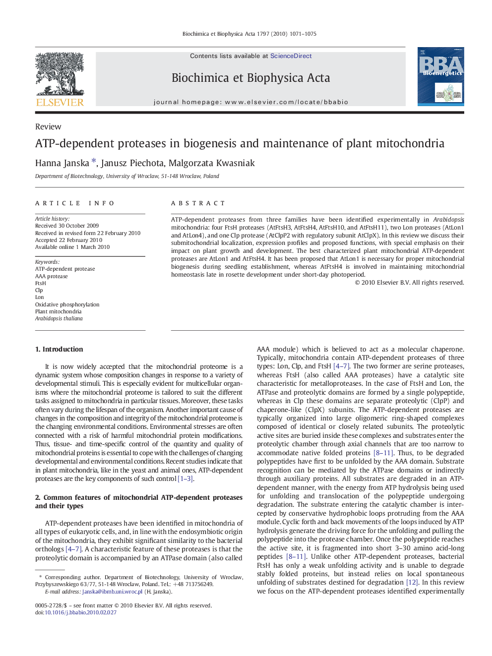 ATP-dependent proteases in biogenesis and maintenance of plant mitochondria