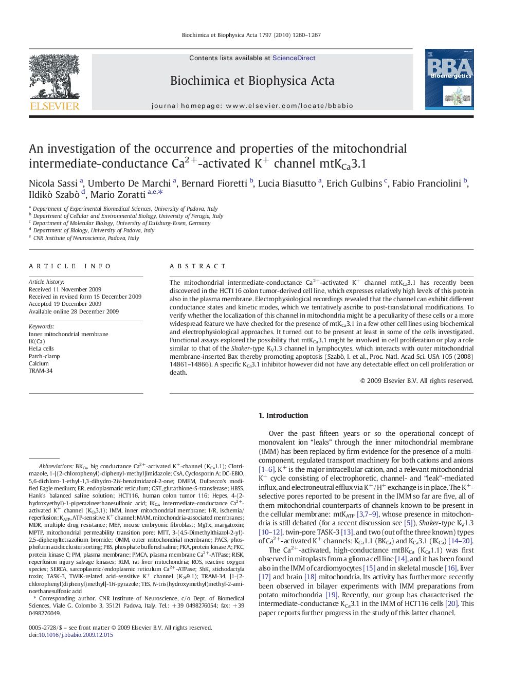 An investigation of the occurrence and properties of the mitochondrial intermediate-conductance Ca2+-activated K+ channel mtKCa3.1