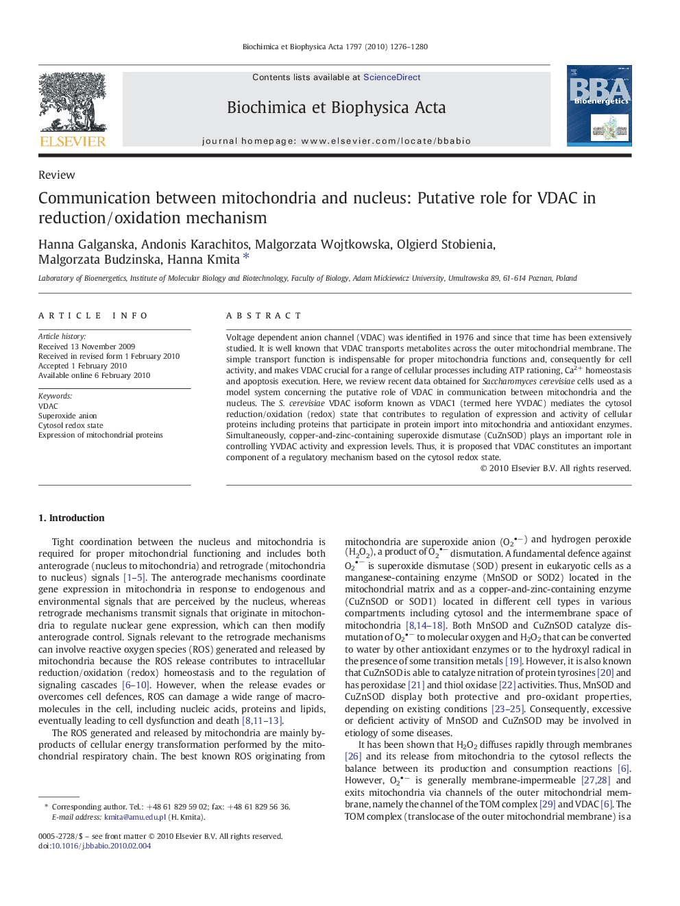 Communication between mitochondria and nucleus: Putative role for VDAC in reduction/oxidation mechanism