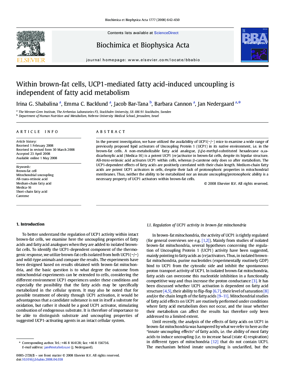 Within brown-fat cells, UCP1-mediated fatty acid-induced uncoupling is independent of fatty acid metabolism