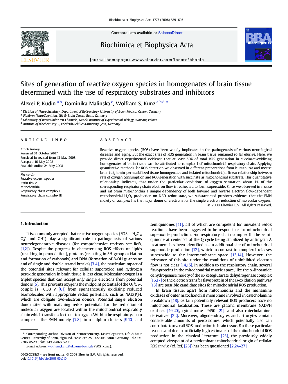 Sites of generation of reactive oxygen species in homogenates of brain tissue determined with the use of respiratory substrates and inhibitors