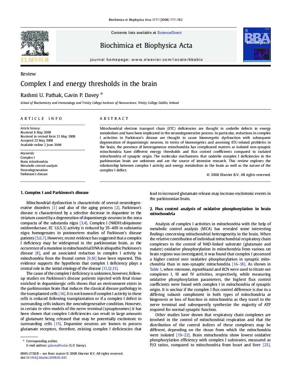 Complex I and energy thresholds in the brain