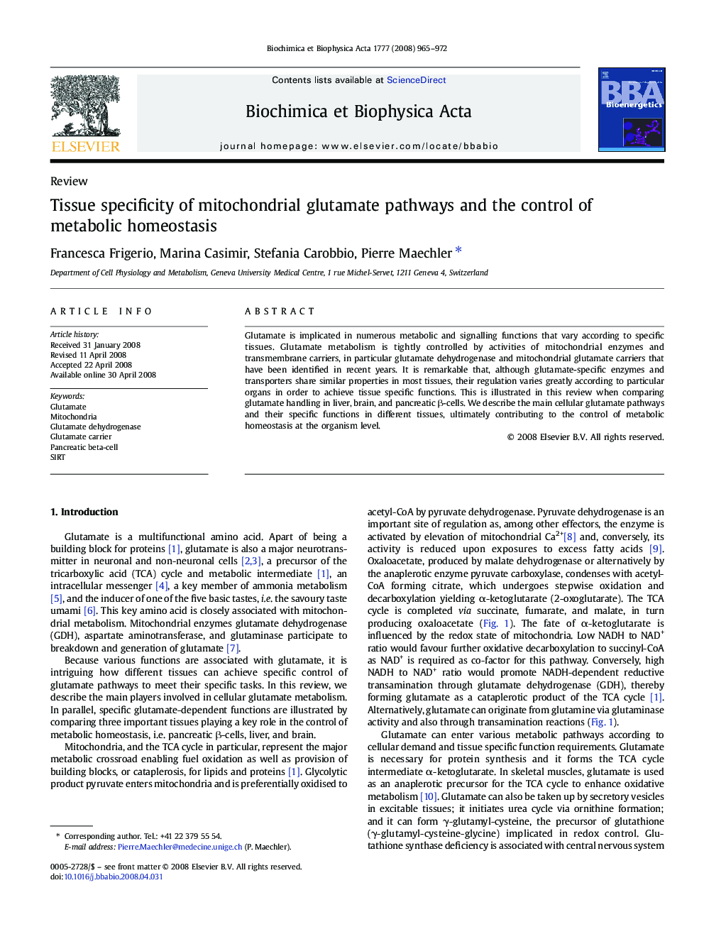 Tissue specificity of mitochondrial glutamate pathways and the control of metabolic homeostasis