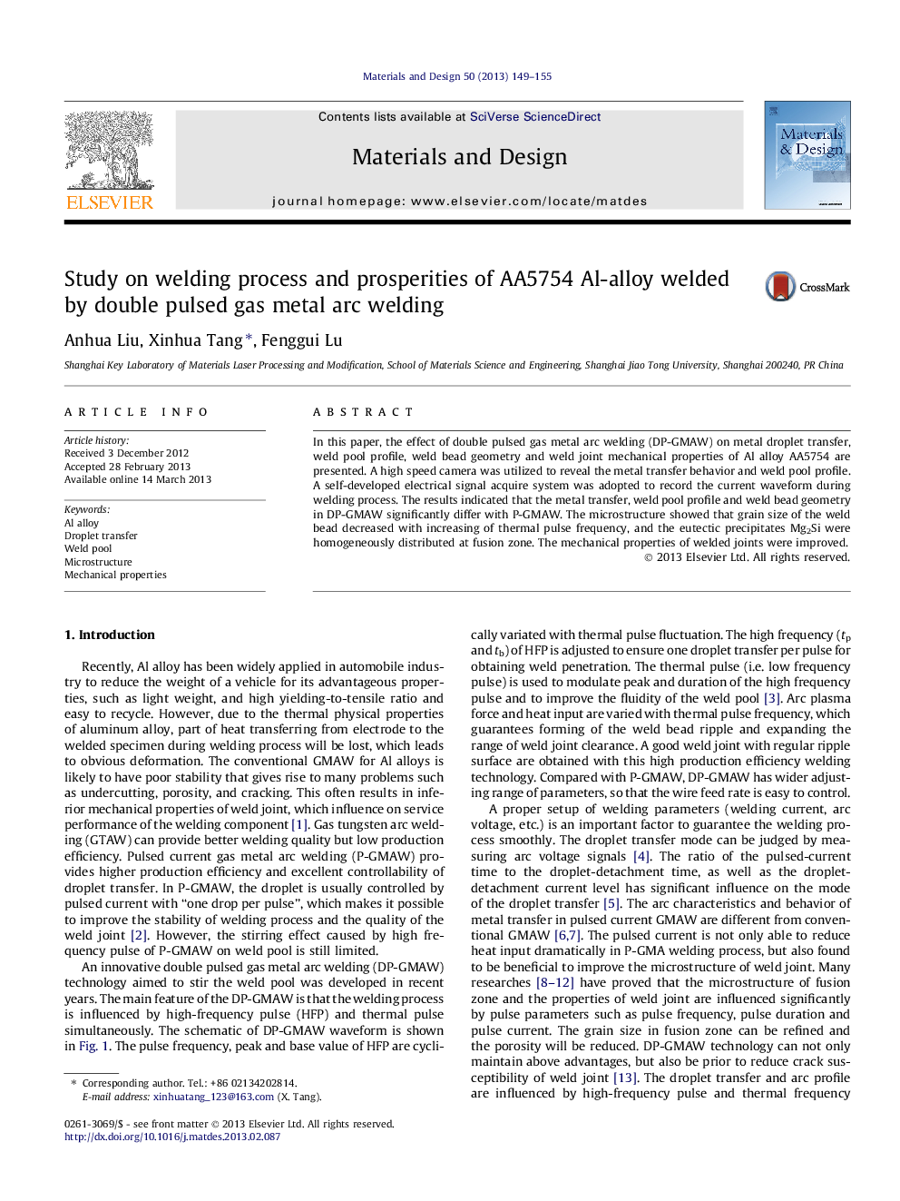 Study on welding process and prosperities of AA5754 Al-alloy welded by double pulsed gas metal arc welding