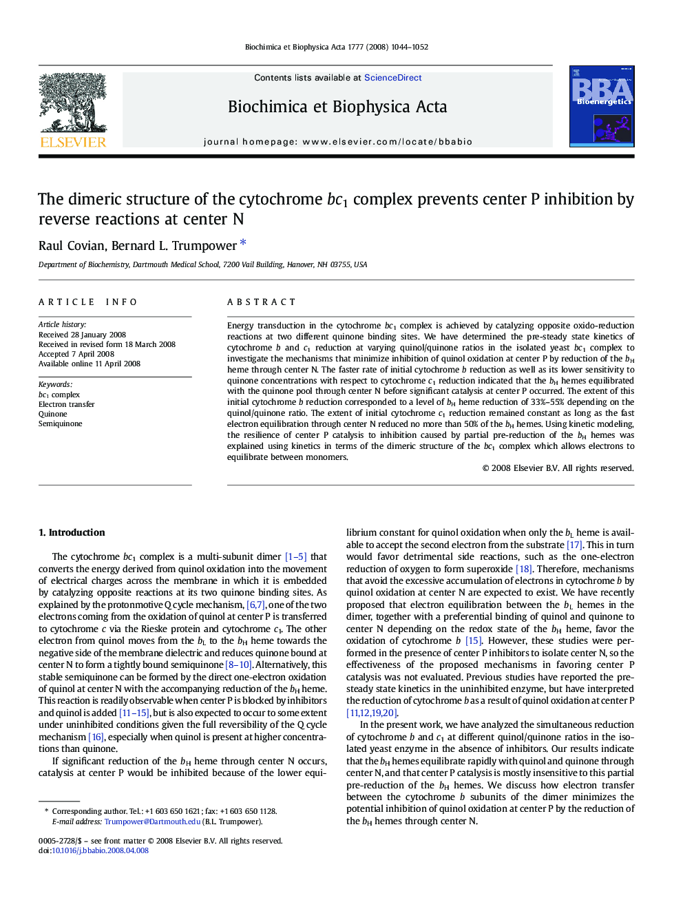 The dimeric structure of the cytochrome bc1 complex prevents center P inhibition by reverse reactions at center N