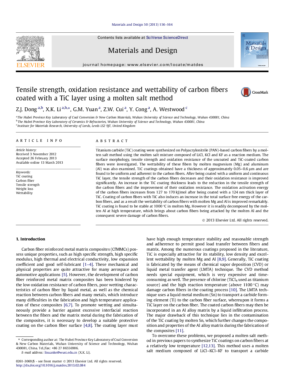 Tensile strength, oxidation resistance and wettability of carbon fibers coated with a TiC layer using a molten salt method