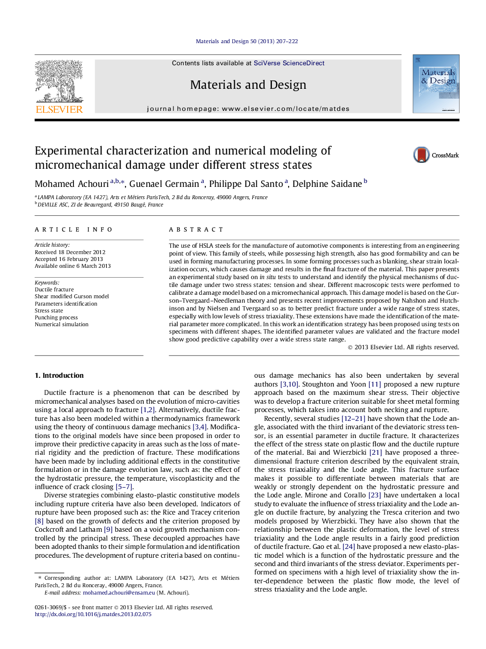 Experimental characterization and numerical modeling of micromechanical damage under different stress states