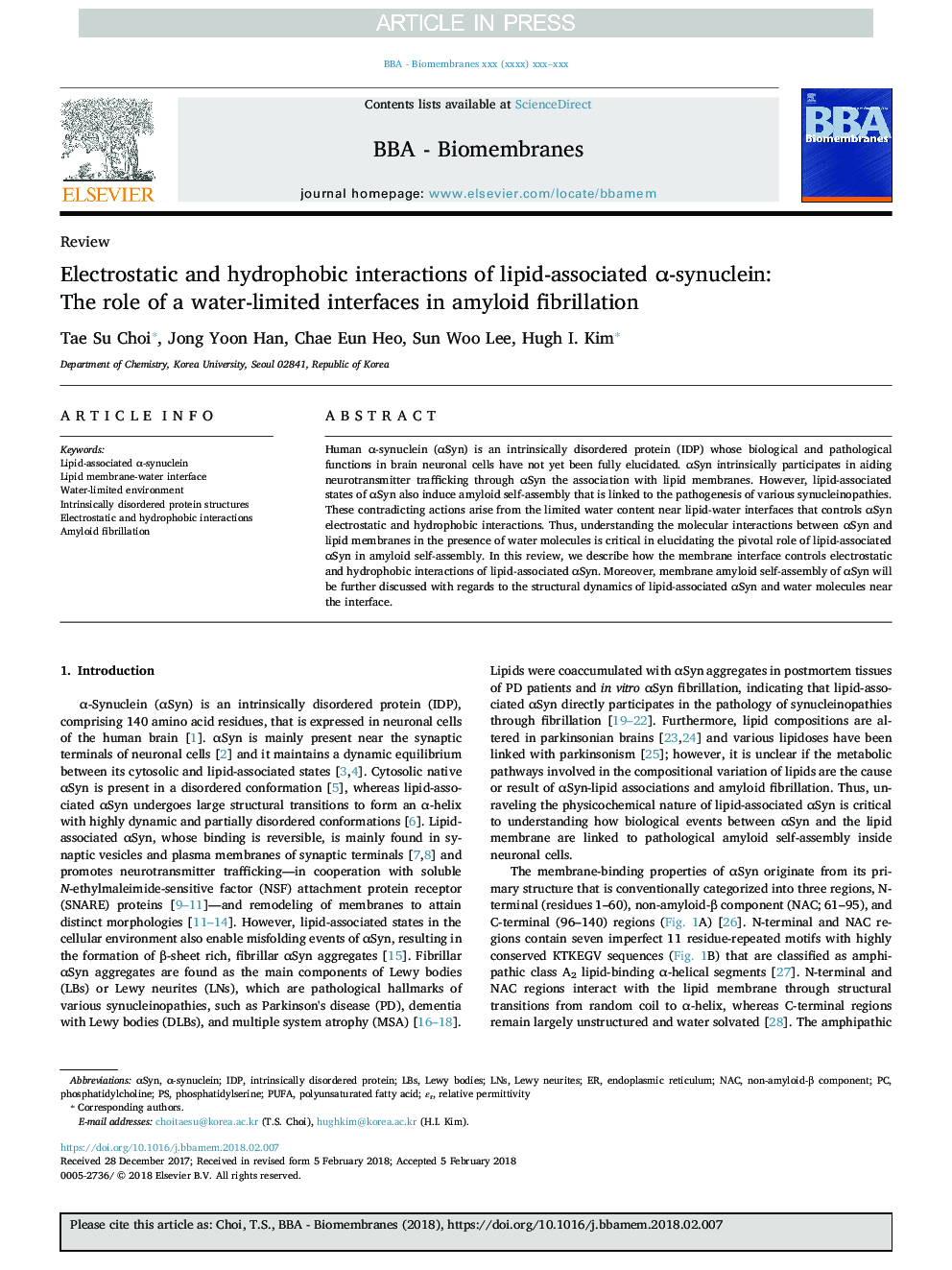 Electrostatic and hydrophobic interactions of lipid-associated Î±-synuclein: The role of a water-limited interfaces in amyloid fibrillation