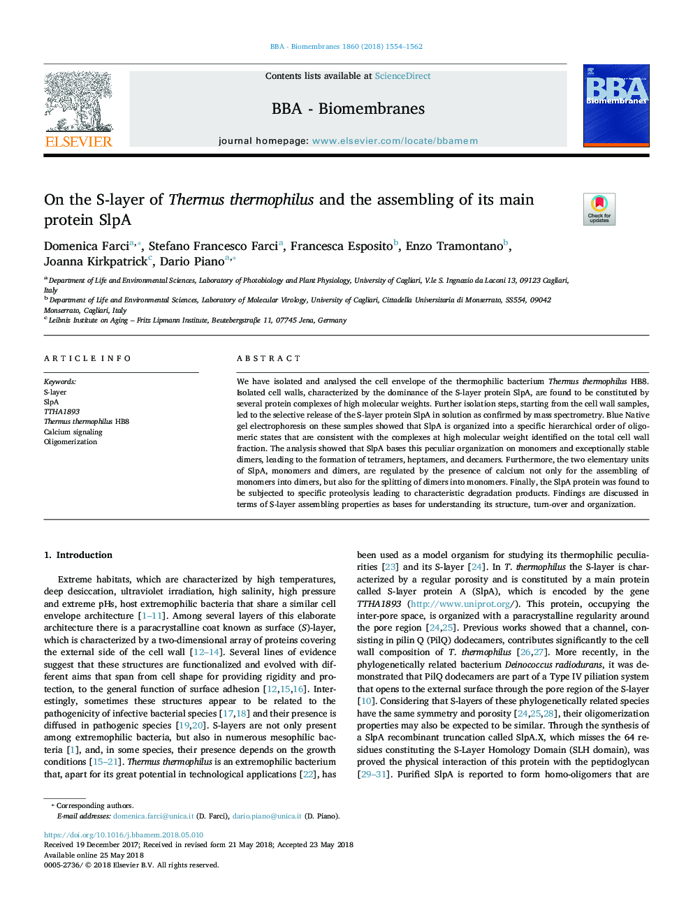 On the S-layer of Thermus thermophilus and the assembling of its main protein SlpA