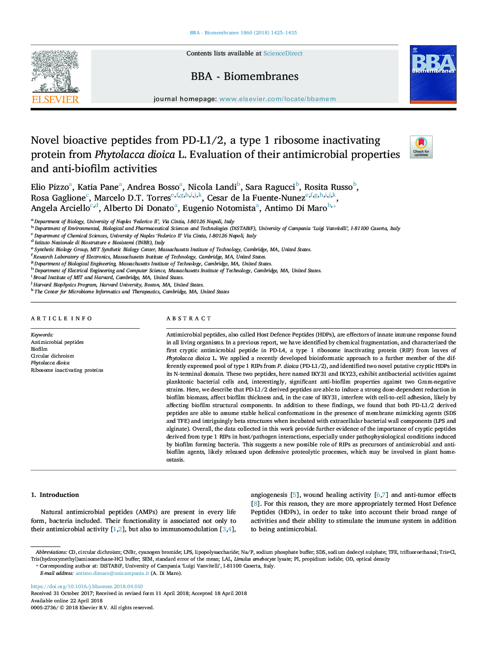 Novel bioactive peptides from PD-L1/2, a type 1 ribosome inactivating protein from Phytolacca dioica L. Evaluation of their antimicrobial properties and anti-biofilm activities