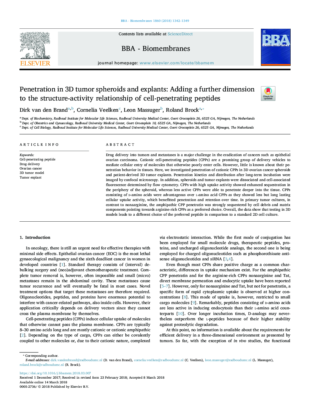 Penetration in 3D tumor spheroids and explants: Adding a further dimension to the structure-activity relationship of cell-penetrating peptides