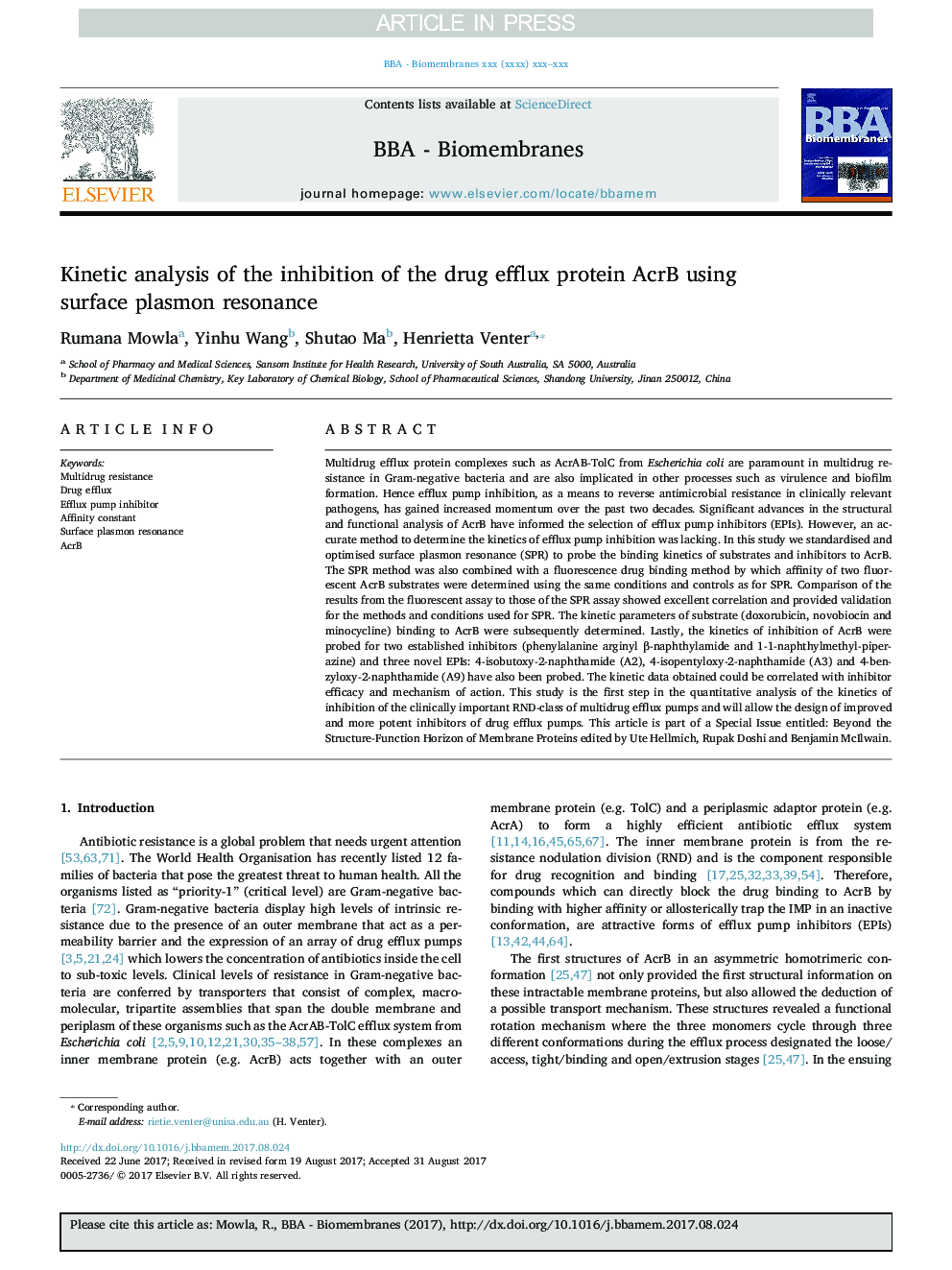 عکس صفحه اول مقاله: Kinetic analysis of the inhibition of the drug efflux protein AcrB using surface plasmon resonance Kinetic analysis of the inhibition of the drug efflux protein AcrB using surface plasmon resonance