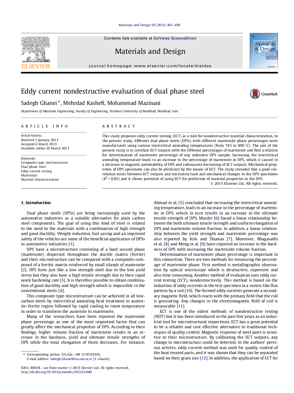 Eddy current nondestructive evaluation of dual phase steel