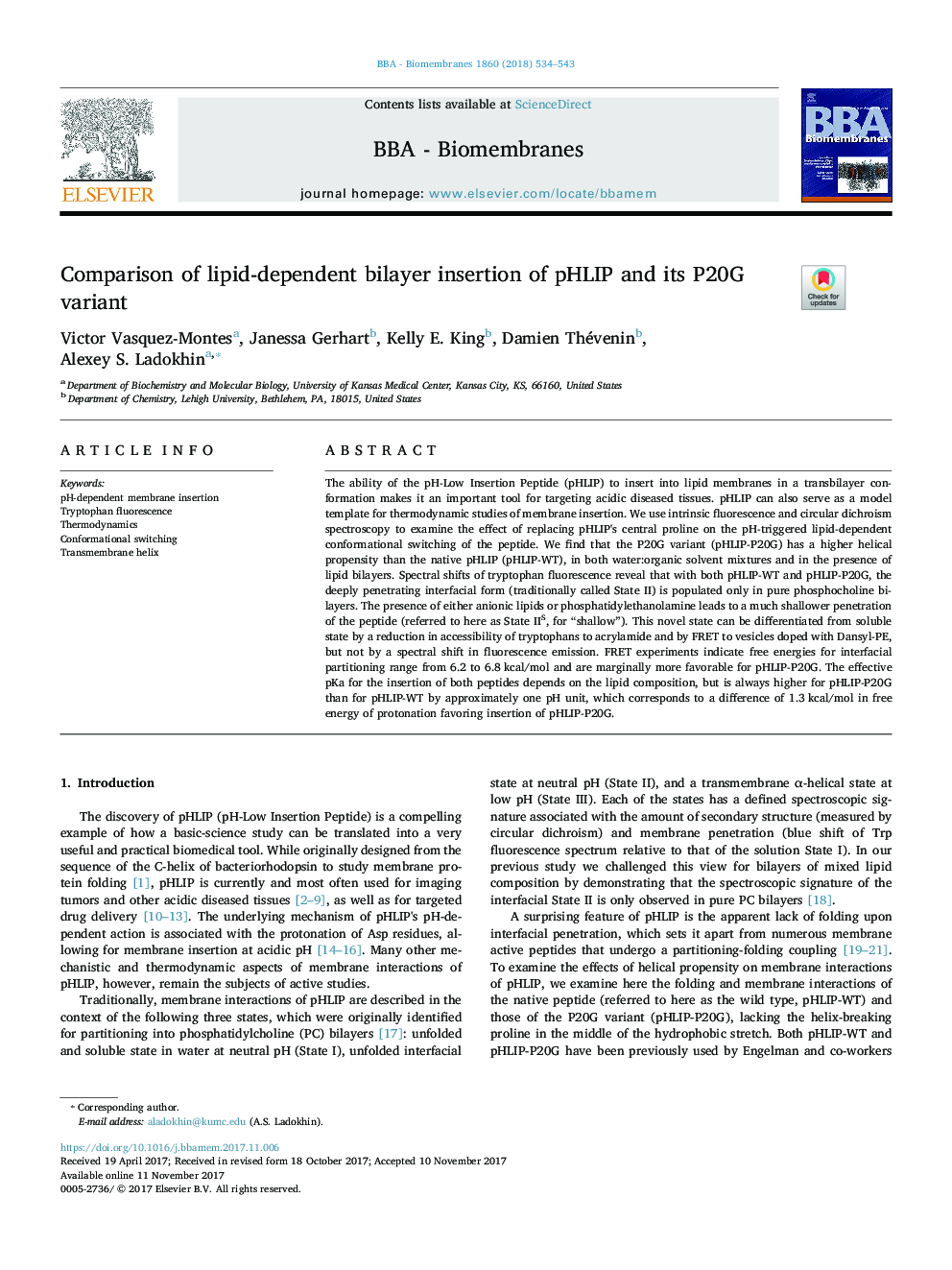 Comparison of lipid-dependent bilayer insertion of pHLIP and its P20G variant