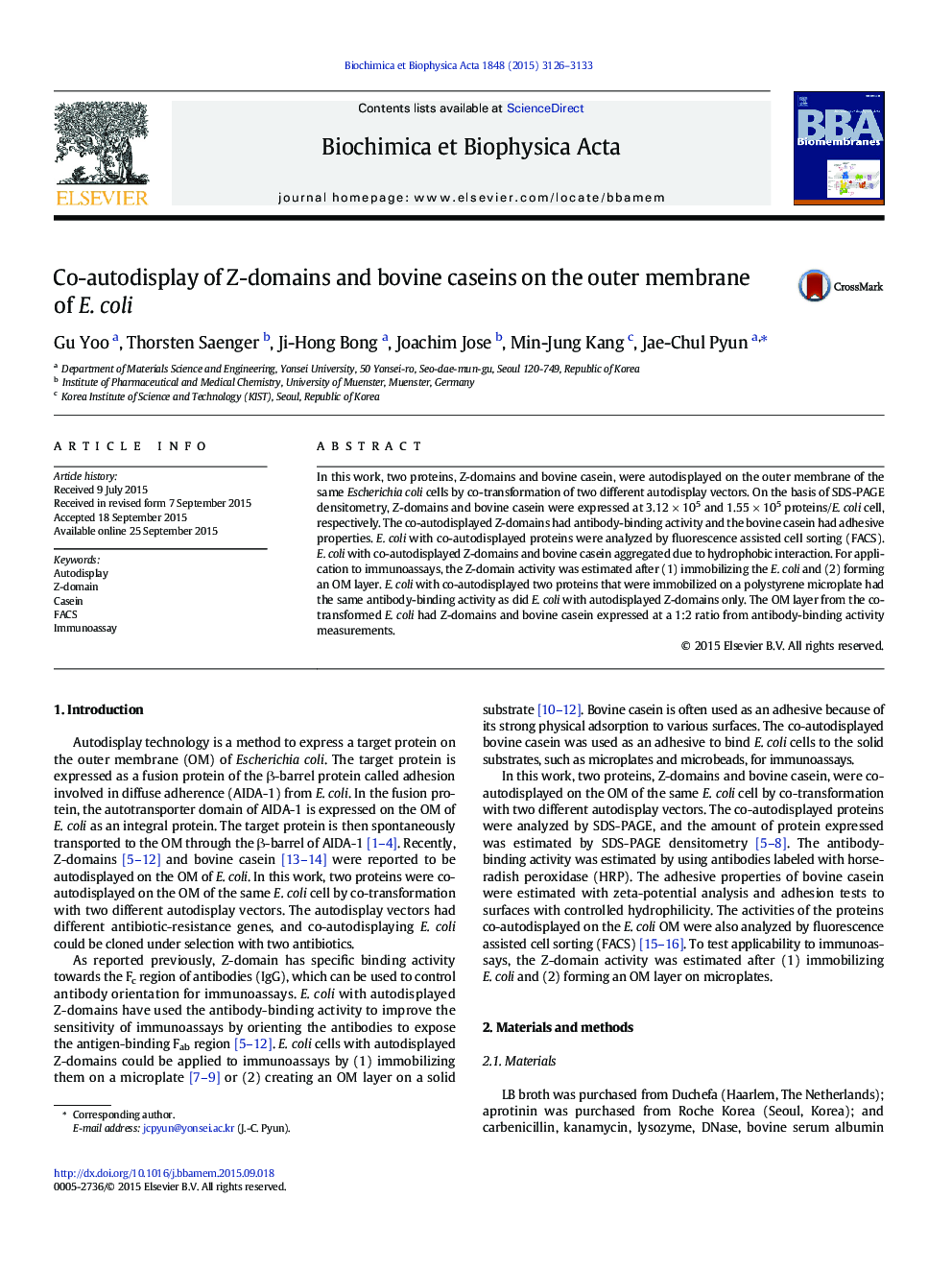 Co-autodisplay of Z-domains and bovine caseins on the outer membrane of E. coli