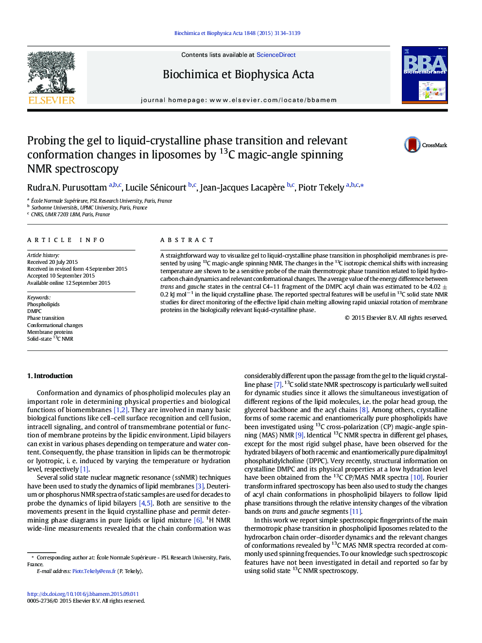 Probing the gel to liquid-crystalline phase transition and relevant conformation changes in liposomes by 13C magic-angle spinning NMR spectroscopy