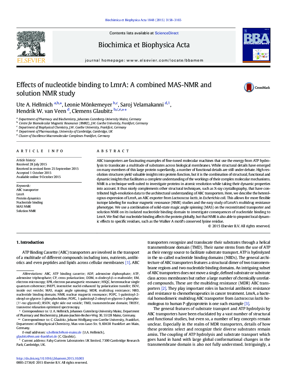 Effects of nucleotide binding to LmrA: A combined MAS-NMR and solution NMR study