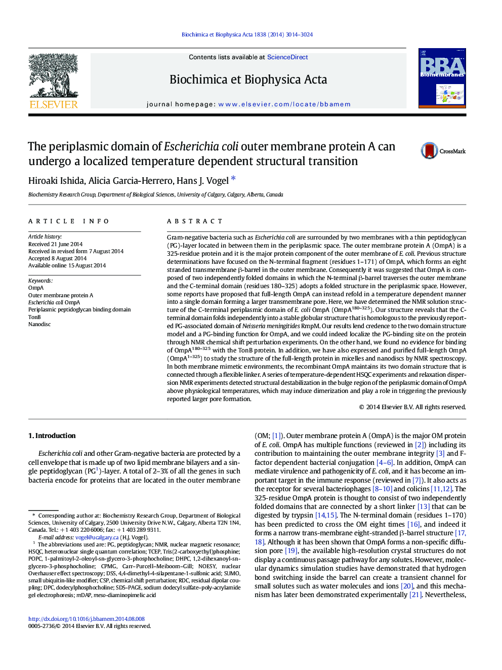 The periplasmic domain of Escherichia coli outer membrane protein A can undergo a localized temperature dependent structural transition