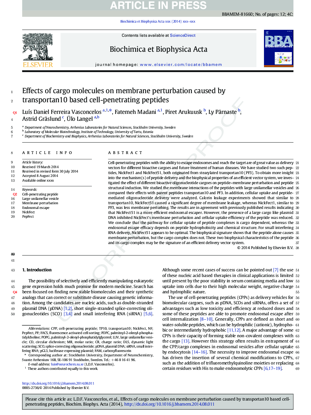 Effects of cargo molecules on membrane perturbation caused by transportan10 based cell-penetrating peptides