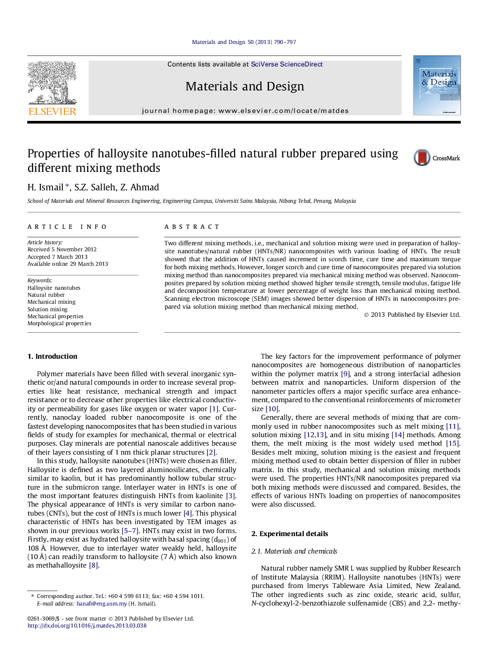 Properties of halloysite nanotubes-filled natural rubber prepared using different mixing methods