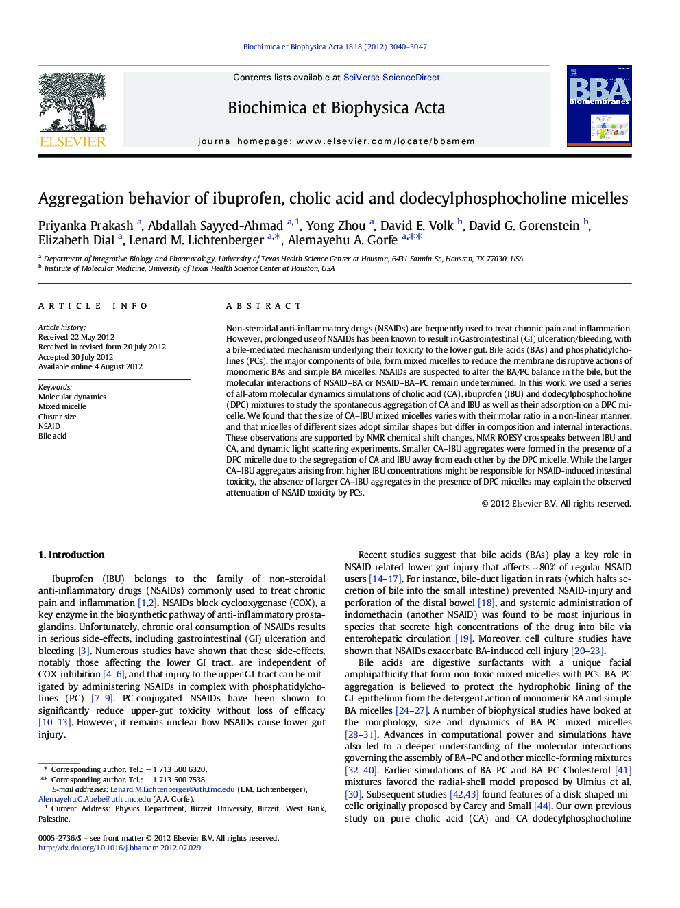 Aggregation behavior of ibuprofen, cholic acid and dodecylphosphocholine micelles