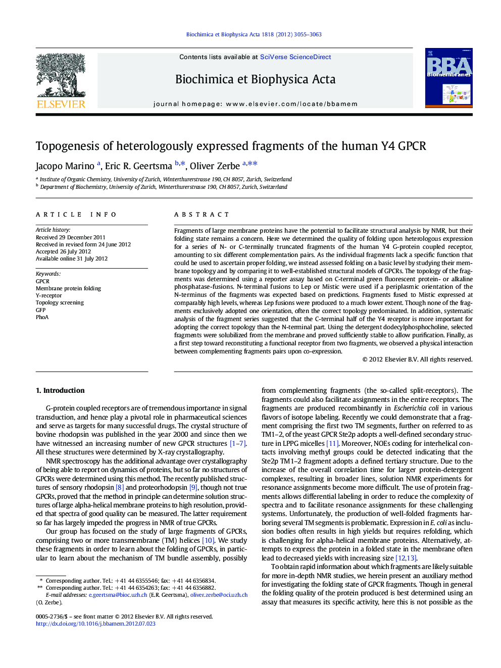 Topogenesis of heterologously expressed fragments of the human Y4 GPCR