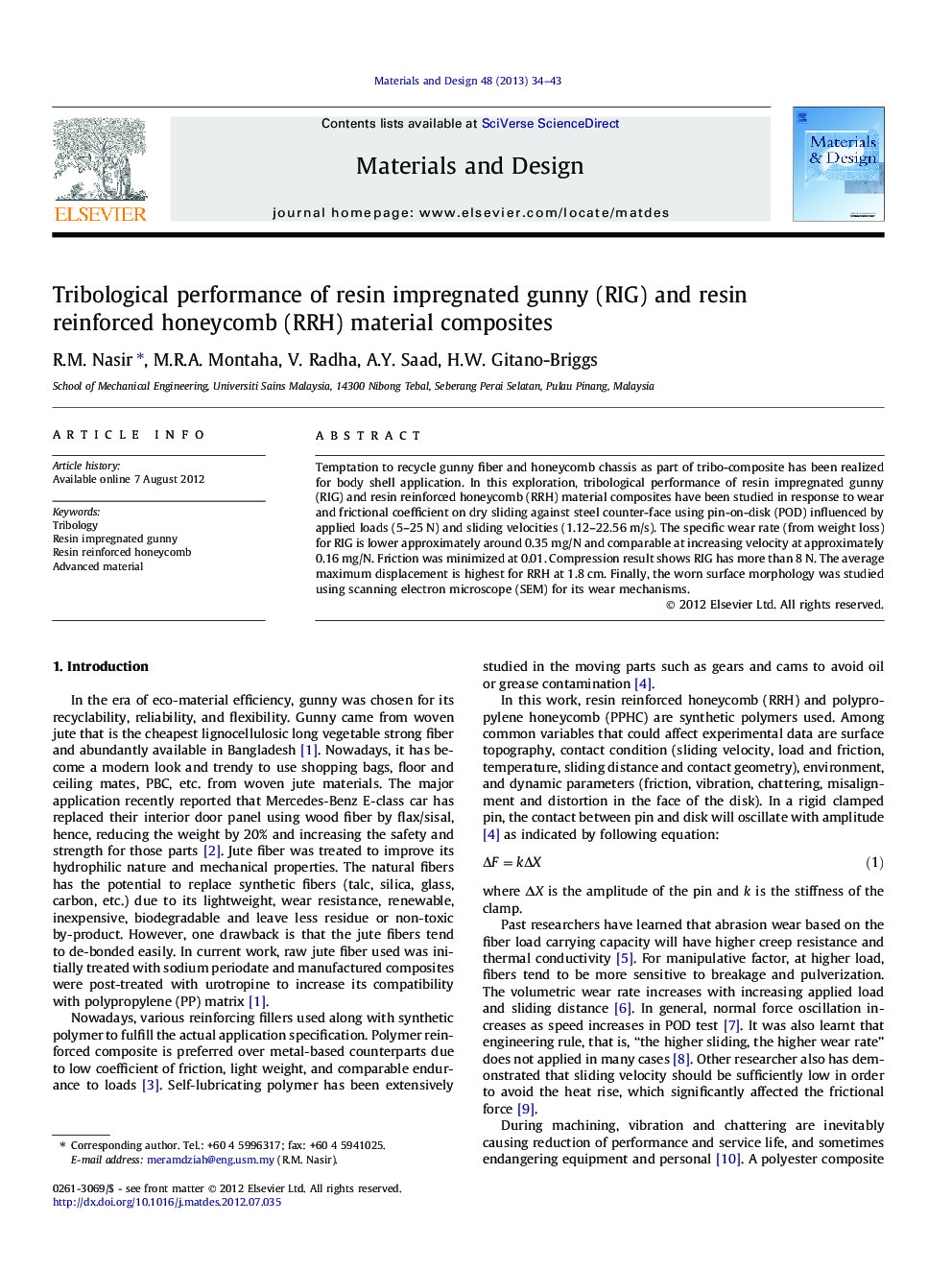 Tribological performance of resin impregnated gunny (RIG) and resin reinforced honeycomb (RRH) material composites