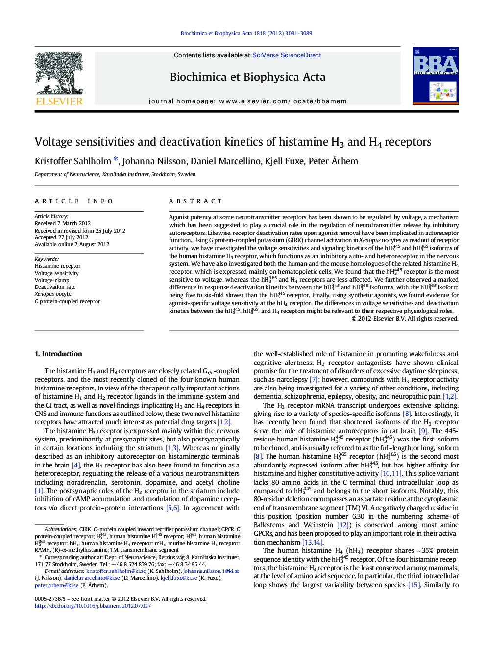 Voltage sensitivities and deactivation kinetics of histamine H3 and H4 receptors