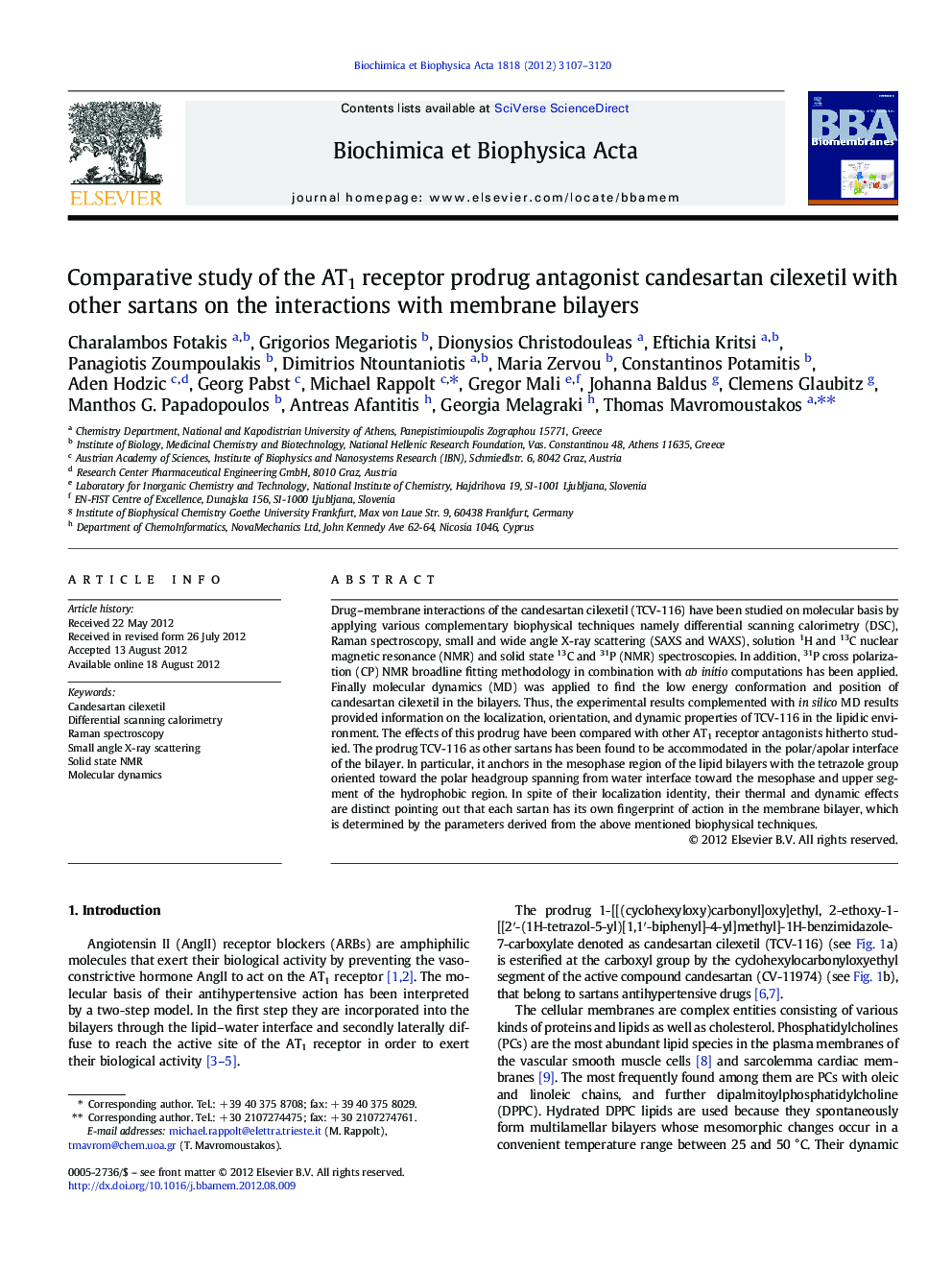 Comparative study of the AT1 receptor prodrug antagonist candesartan cilexetil with other sartans on the interactions with membrane bilayers