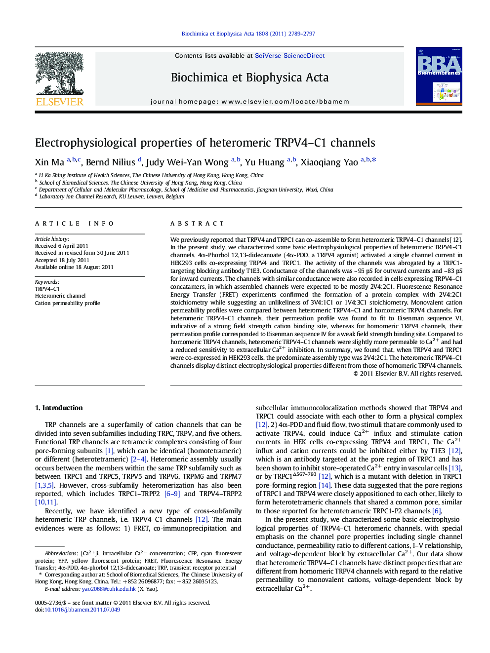 Electrophysiological properties of heteromeric TRPV4-C1 channels