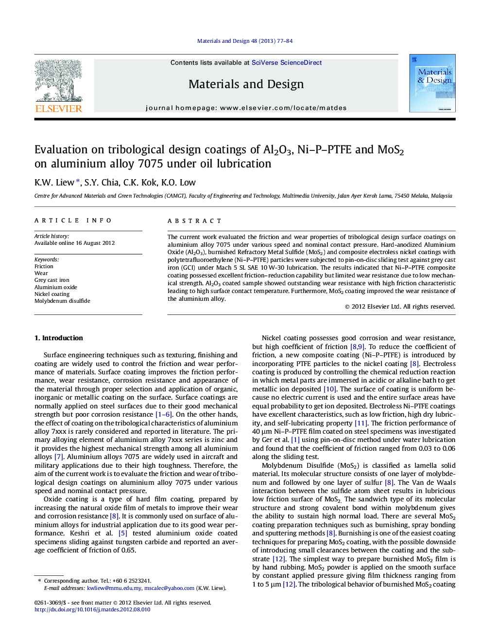 Evaluation on tribological design coatings of Al2O3, Ni–P–PTFE and MoS2 on aluminium alloy 7075 under oil lubrication