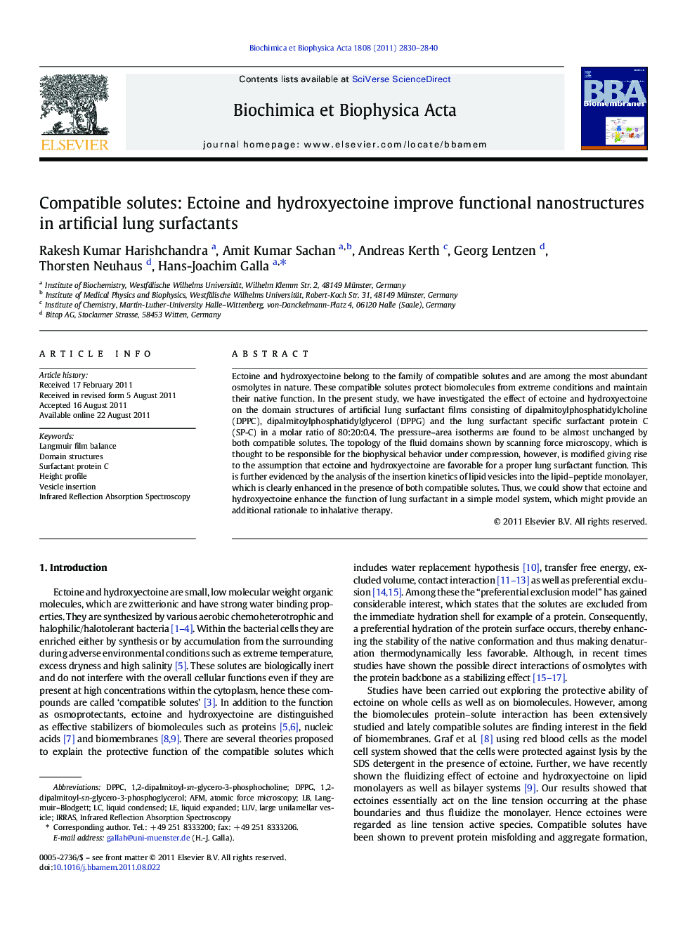 Compatible solutes: Ectoine and hydroxyectoine improve functional nanostructures in artificial lung surfactants