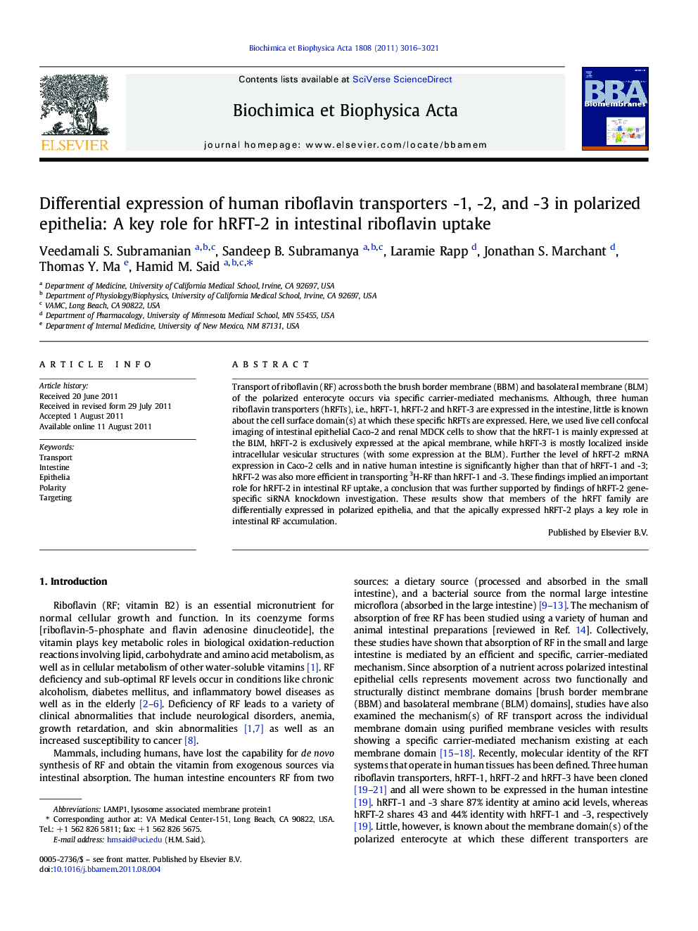 Differential expression of human riboflavin transporters -1, -2, and -3 in polarized epithelia: A key role for hRFT-2 in intestinal riboflavin uptake