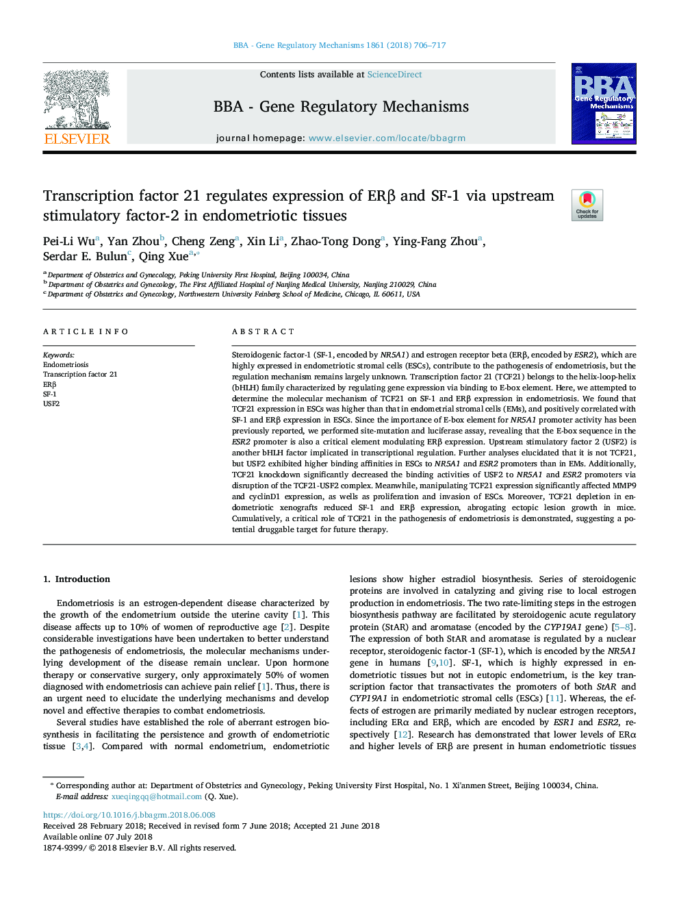 Transcription factor 21 regulates expression of ERÎ² and SF-1 via upstream stimulatory factor-2 in endometriotic tissues