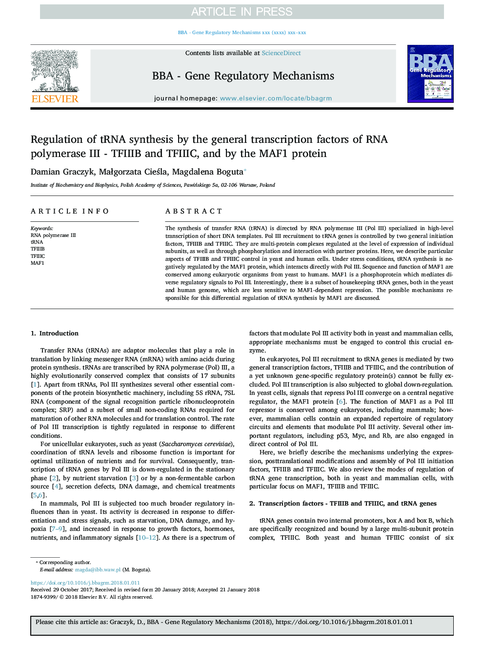 Regulation of tRNA synthesis by the general transcription factors of RNA polymerase III - TFIIIB and TFIIIC, and by the MAF1 protein