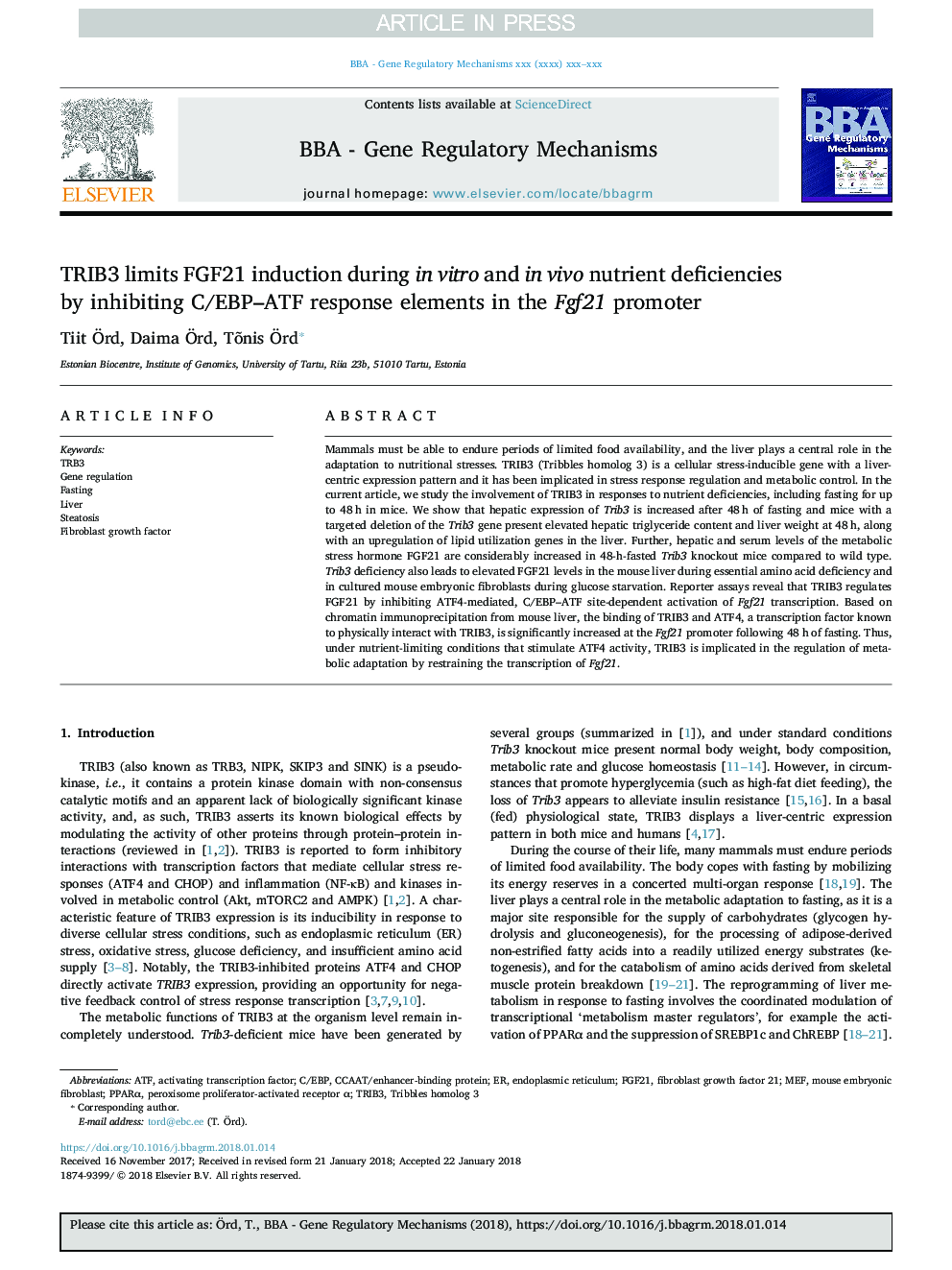 TRIB3 limits FGF21 induction during in vitro and in vivo nutrient deficiencies by inhibiting C/EBP-ATF response elements in the Fgf21 promoter