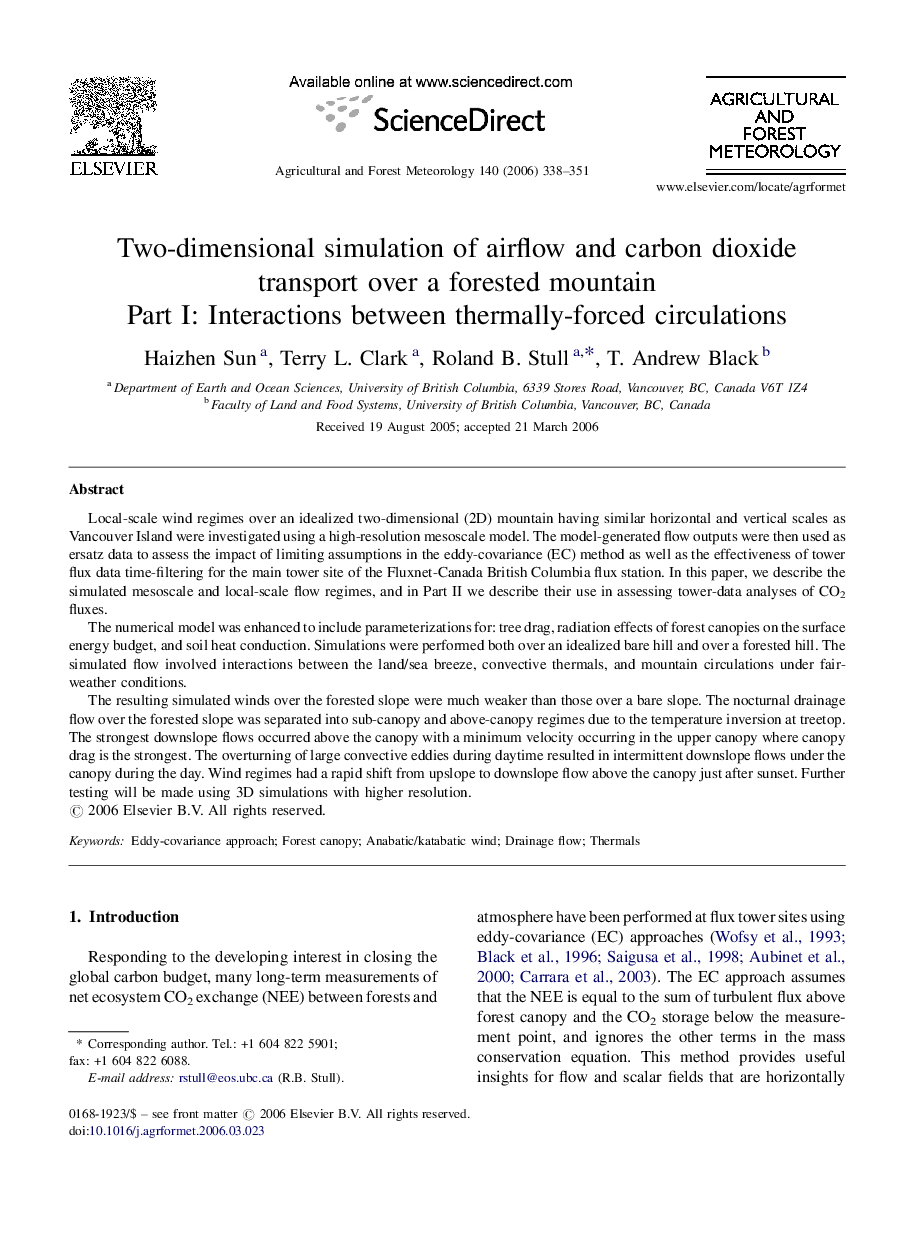 Two-dimensional simulation of airflow and carbon dioxide transport over a forested mountain: Part I: Interactions between thermally-forced circulations