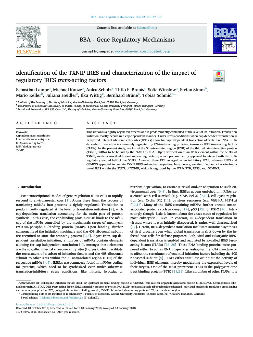 Identification of the TXNIP IRES and characterization of the impact of regulatory IRES trans-acting factors