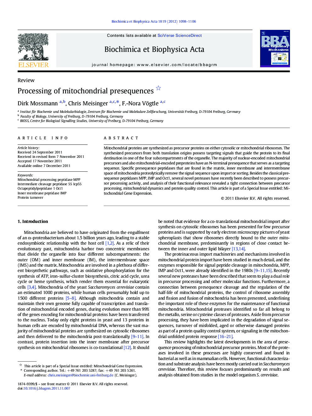 Processing of mitochondrial presequences