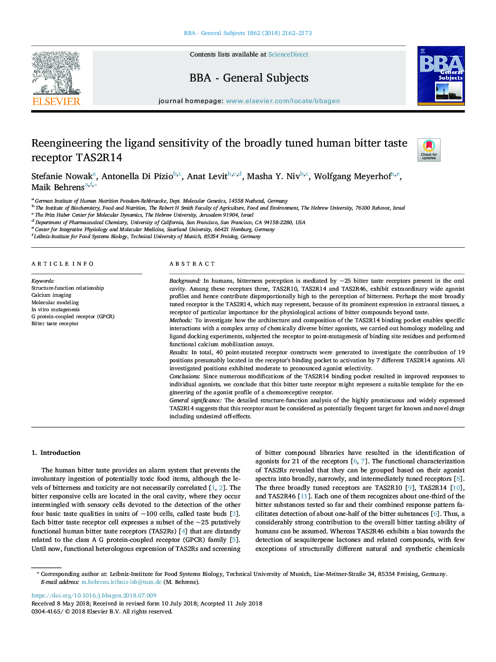 Reengineering the ligand sensitivity of the broadly tuned human bitter taste receptor TAS2R14