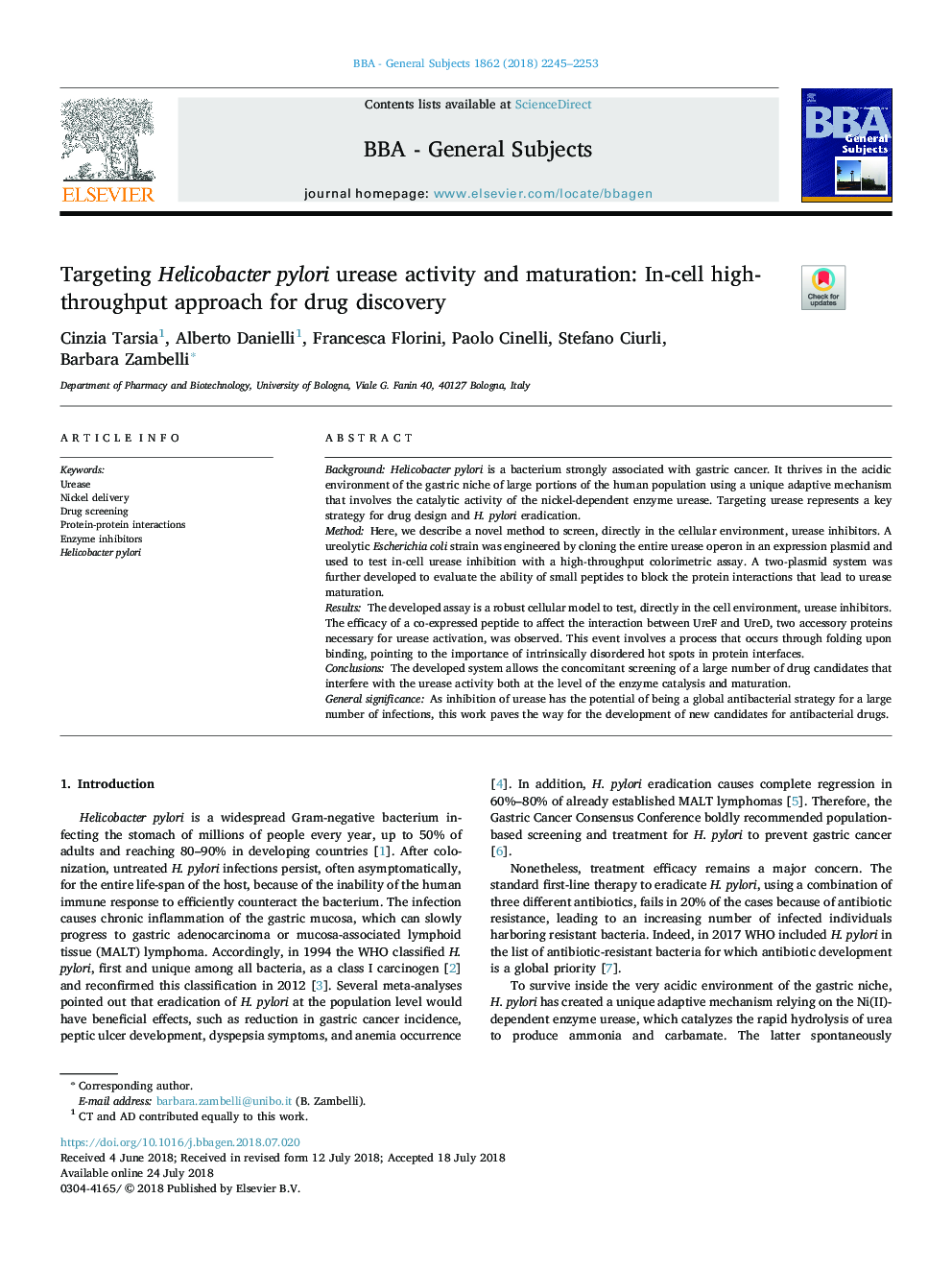 Targeting Helicobacter pylori urease activity and maturation: In-cell high-throughput approach for drug discovery