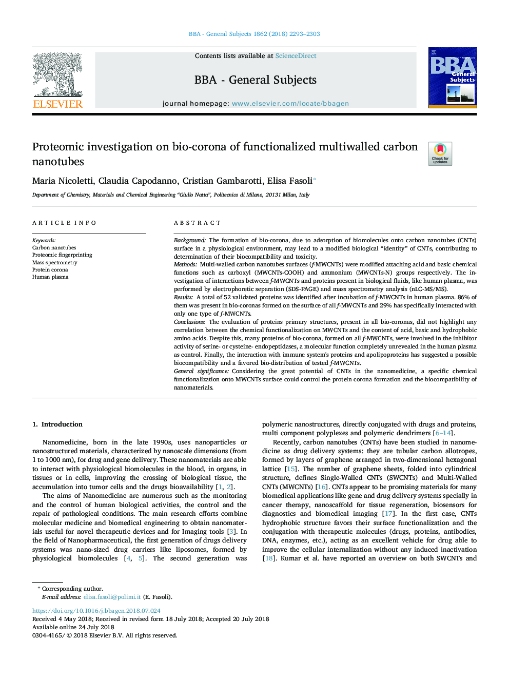 Proteomic investigation on bio-corona of functionalized multiÂ­walled carbon nanotubes