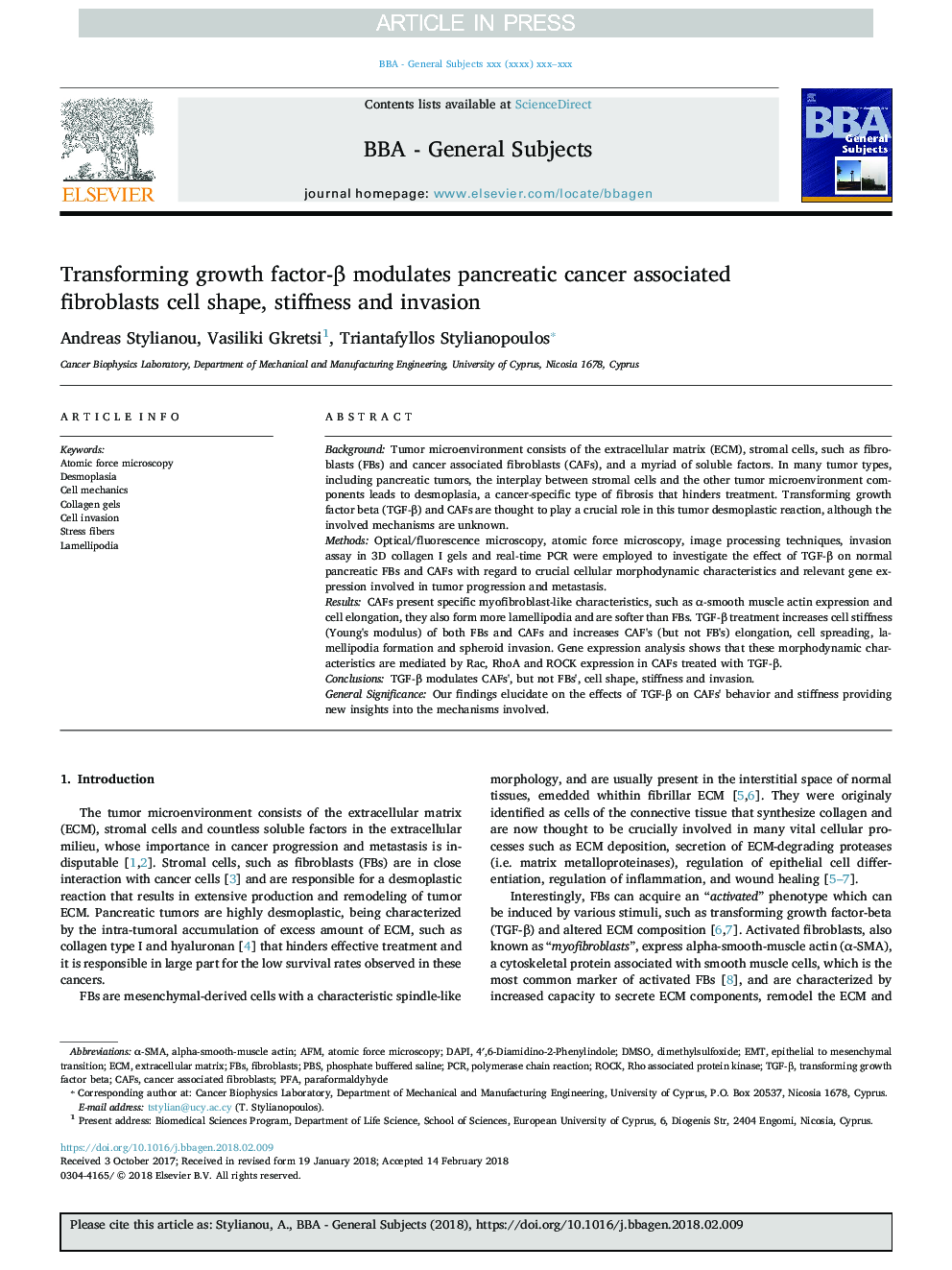 Transforming growth factor-Î² modulates pancreatic cancer associated fibroblasts cell shape, stiffness and invasion