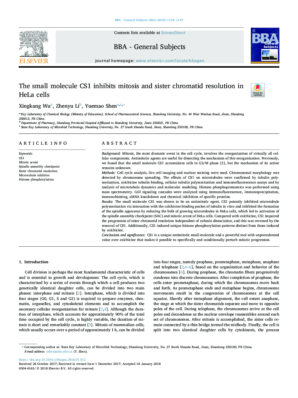 The small molecule CS1 inhibits mitosis and sister chromatid resolution in HeLa cells