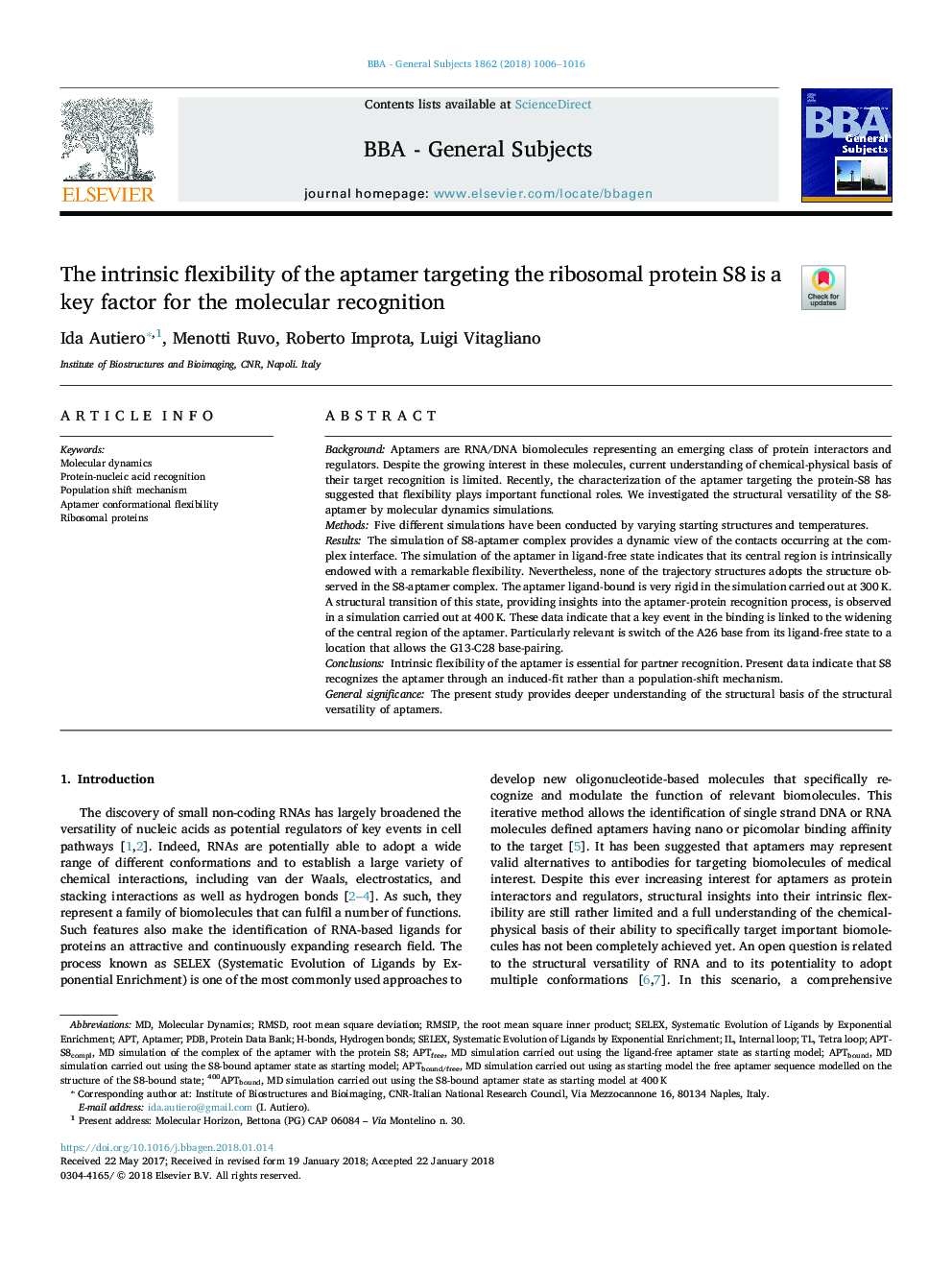 The intrinsic flexibility of the aptamer targeting the ribosomal protein S8 is a key factor for the molecular recognition