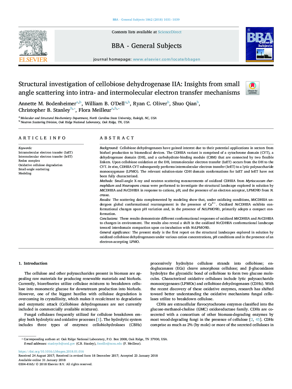 Structural investigation of cellobiose dehydrogenase IIA: Insights from small angle scattering into intra- and intermolecular electron transfer mechanisms